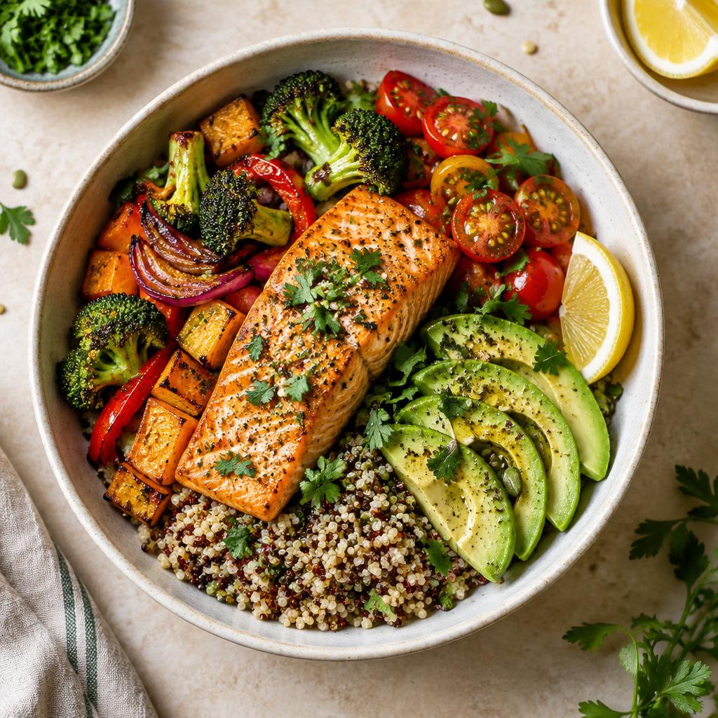 Eiwitrijke zalmbowl met quinoa en groenten